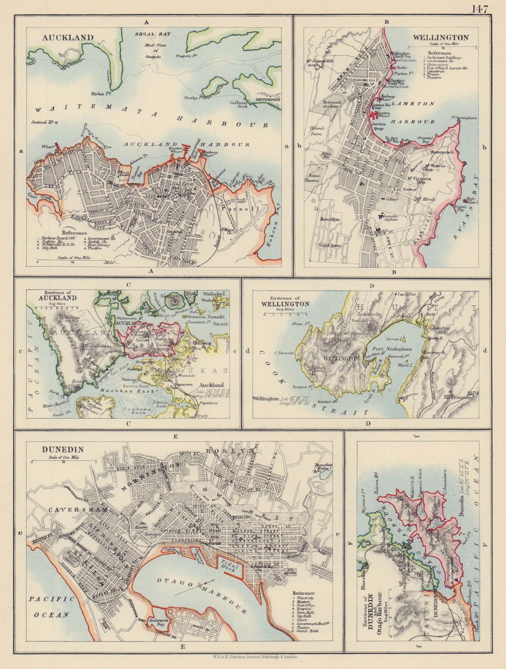 NEW ZEALAND CITIES. Auckland Wellington Dunedin Otago Harbour. JOHNSTON 1901 map