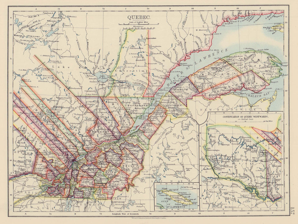 QUEBEC QUÉBEC. Showing counties. Canada. St Lawrence. JOHNSTON 1901 old map