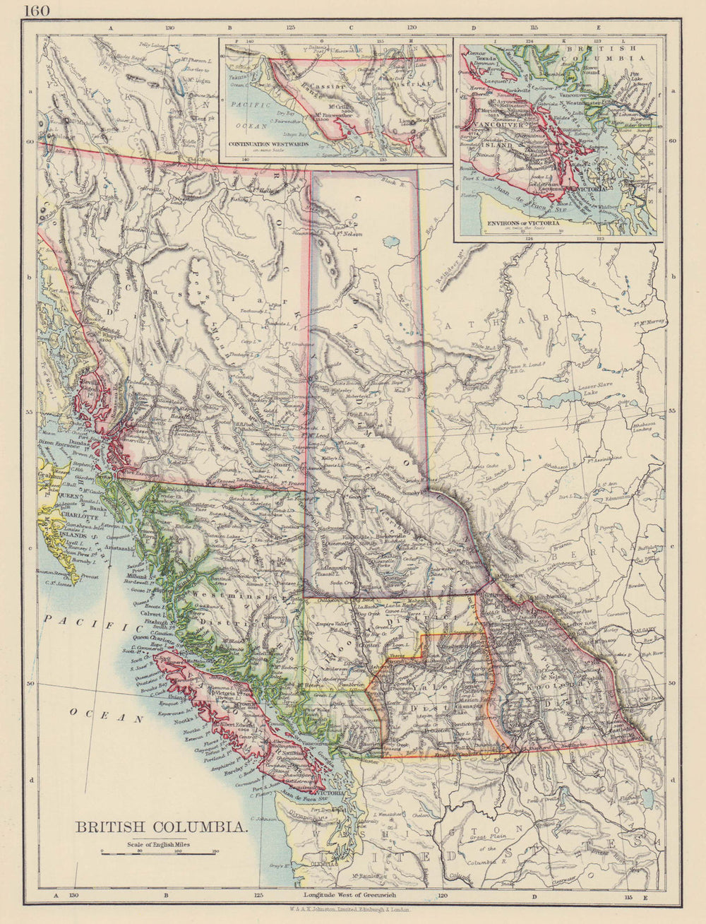 BRITISH COLUMBIA. Province map. Railroads. Vancouver island. JOHNSTON 1901