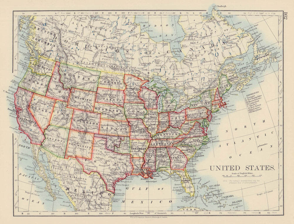 USA. United States showing states and railroads. JOHNSTON 1901 old antique map