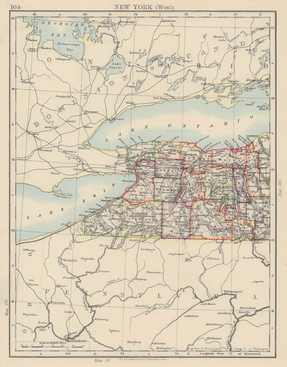 NEW YORK STATE WEST. Map showing counties & railroads. Niagara. JOHNSTON 1901