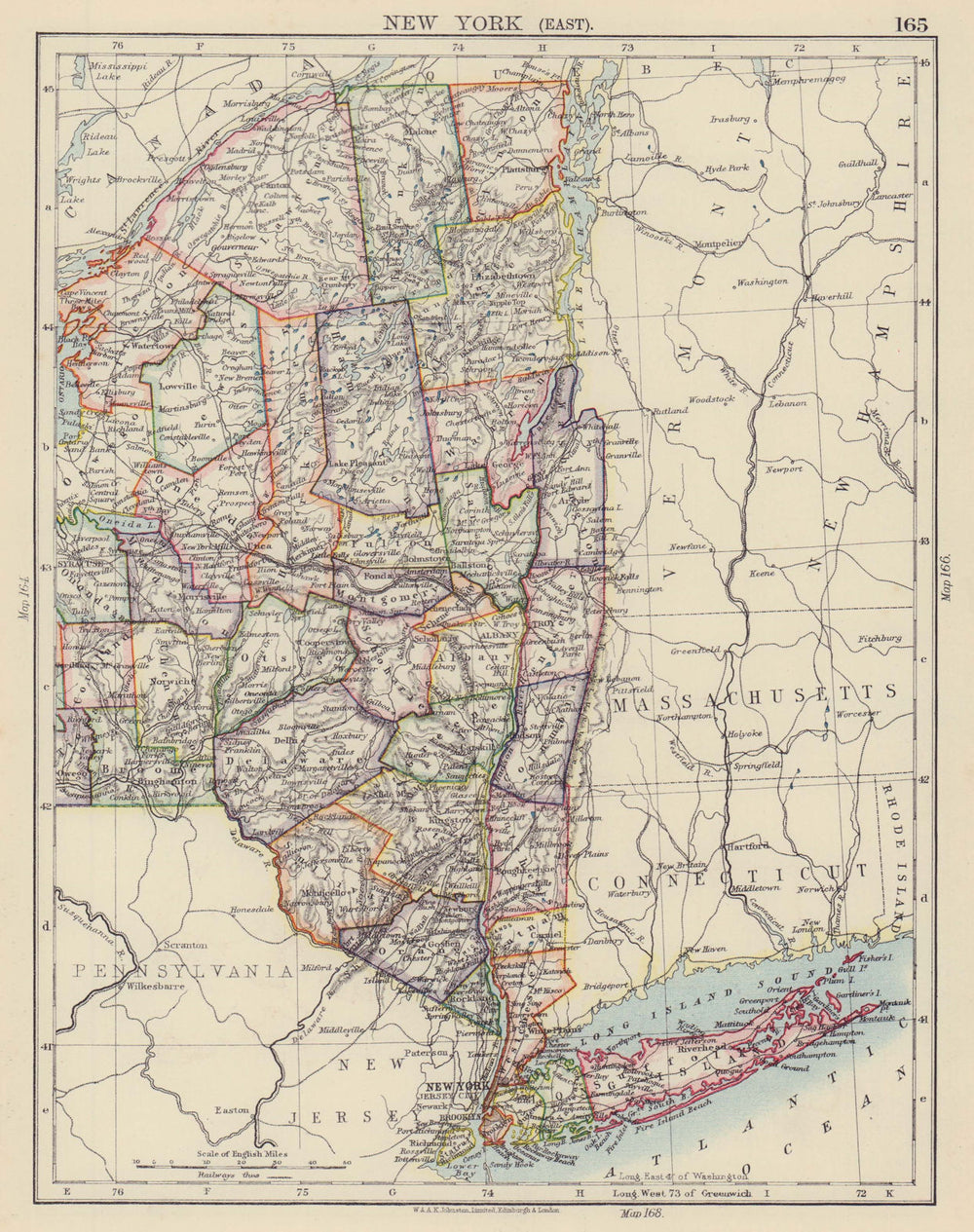 NEW YORK STATE EAST. with counties railroads. NYC Long Island. JOHNSTON 1901 map