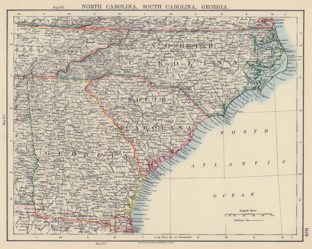 USA SOUTH ATLANTIC STATES. North & South Carolina Georgia. JOHNSTON 1901 map