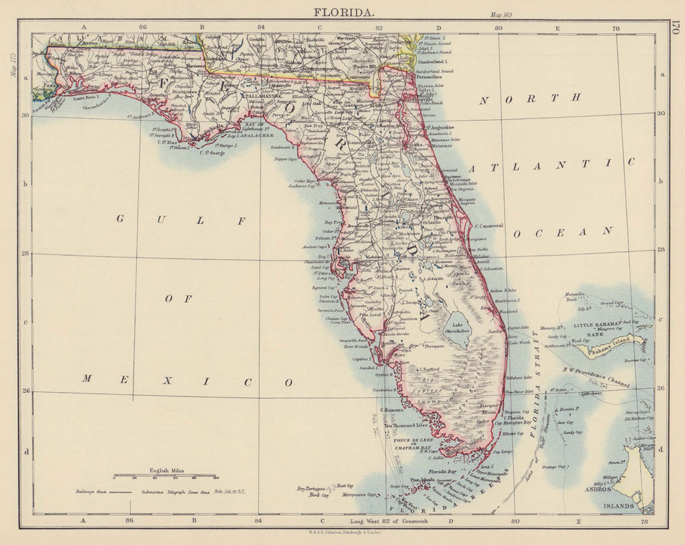 FLORIDA. State map. Shows Miami. Railroads. JOHNSTON 1901 old antique