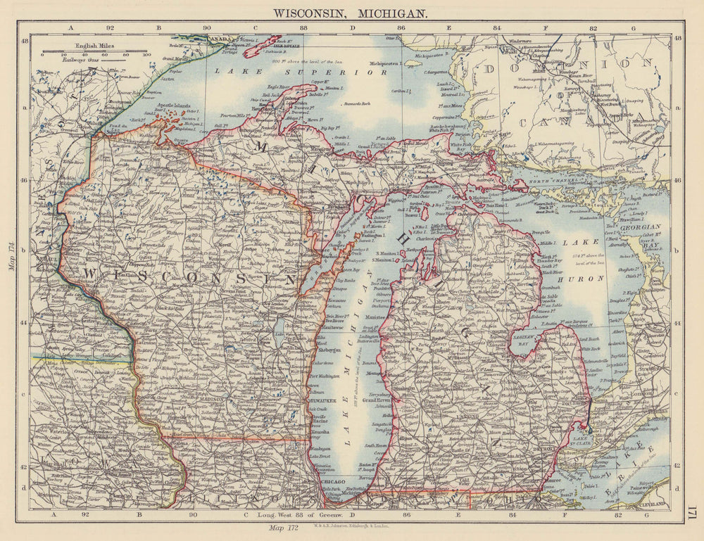 USA MIDWEST. Wisconsin Michigan. Great Lakes Superior Huron. Railroads 1901 map