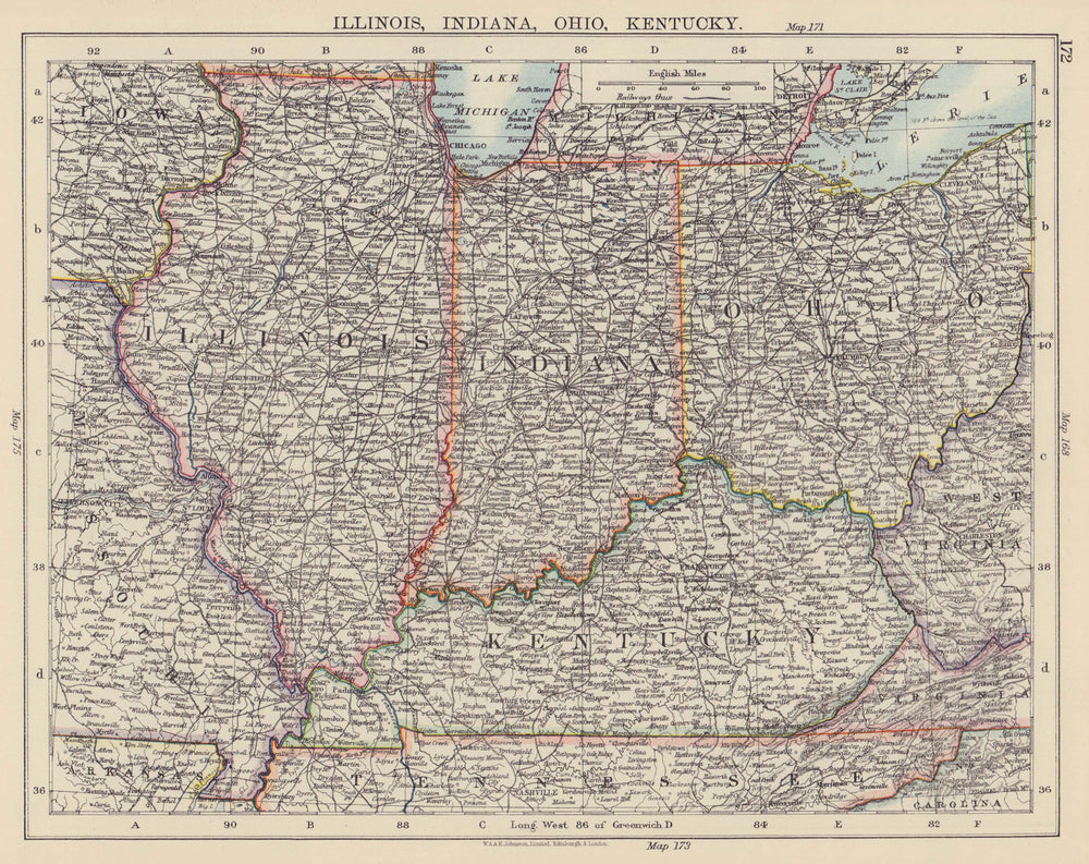 USA MIDWEST. Illinois Indiana Ohio Kentucky. Railroads. JOHNSTON 1901 old map