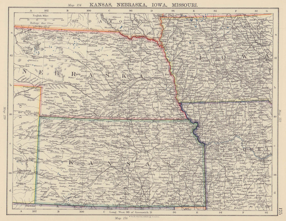 MIDWESTERN USA. Kansas Nebraska Iowa Missouri. Railroads. JOHNSTON 1901 map