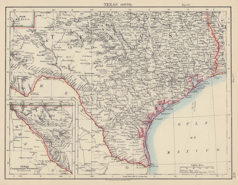 SOUTH TEXAS. Showing railroads & Telegraph Cable. JOHNSTON 1901 old map
