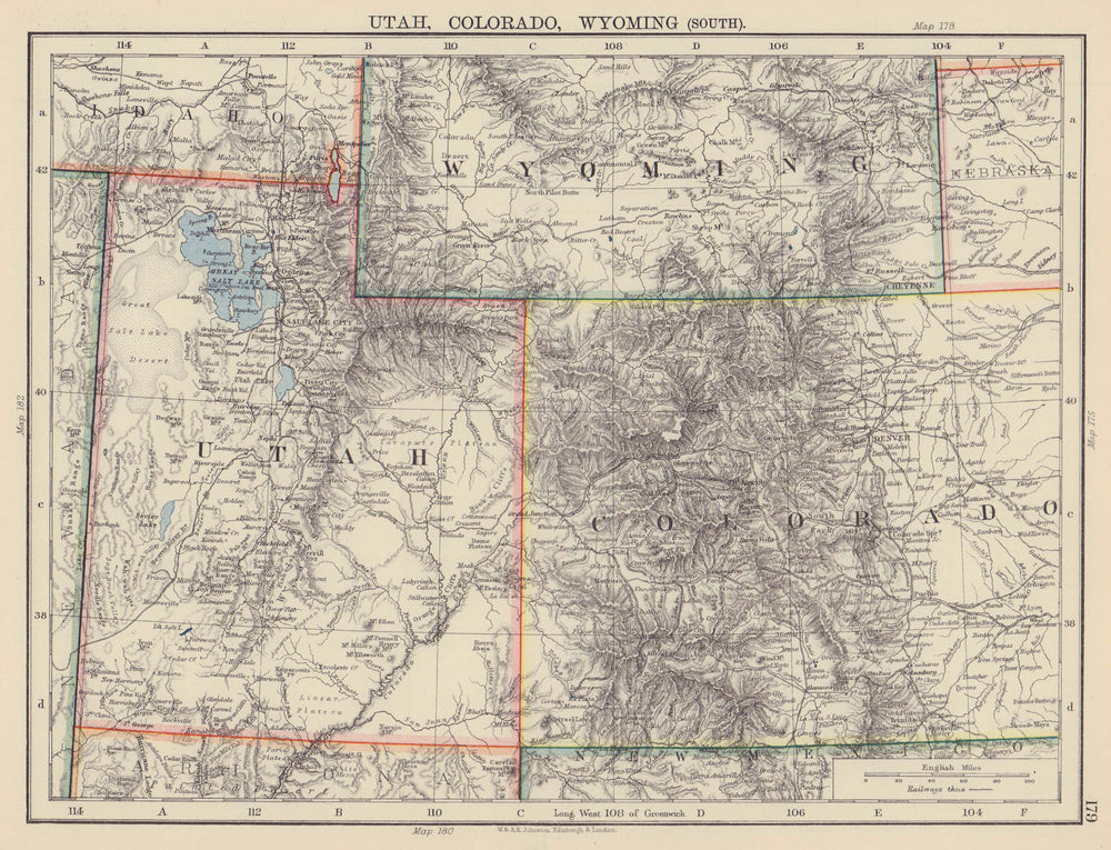 USA MOUNTAIN STATES. Utah,Colorado & South Wyoming. Railroads. JOHNSTON 1901 map