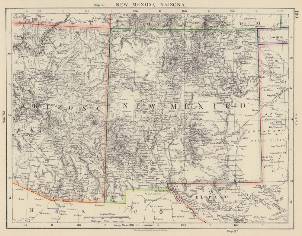 USA MOUNTAIN STATES. New Mexico & Arizona. Railroads. JOHNSTON 1901 old map