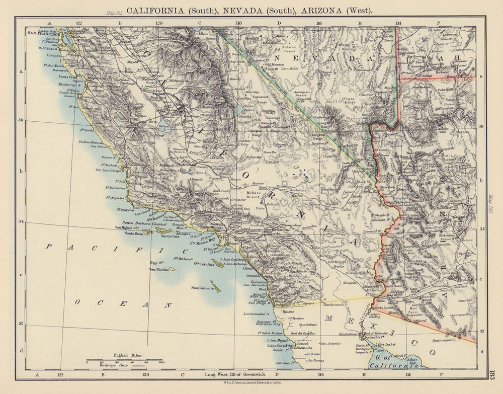 SOUTHERN CALIFORNIA. US Pacific. Nevada South, Arizona West. Railroads 1901 map