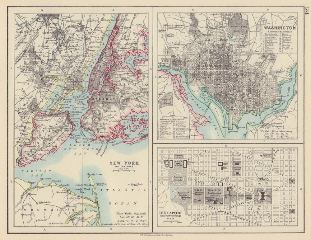 USA CITIES. New York City. Washington DC. The Capitol. JOHNSTON 1901 old map