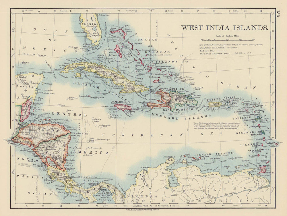 WEST INDIA ISLANDS. Caribbean Lucayas Bahamas Caribbee Cuba. JOHNSTON 1901 map
