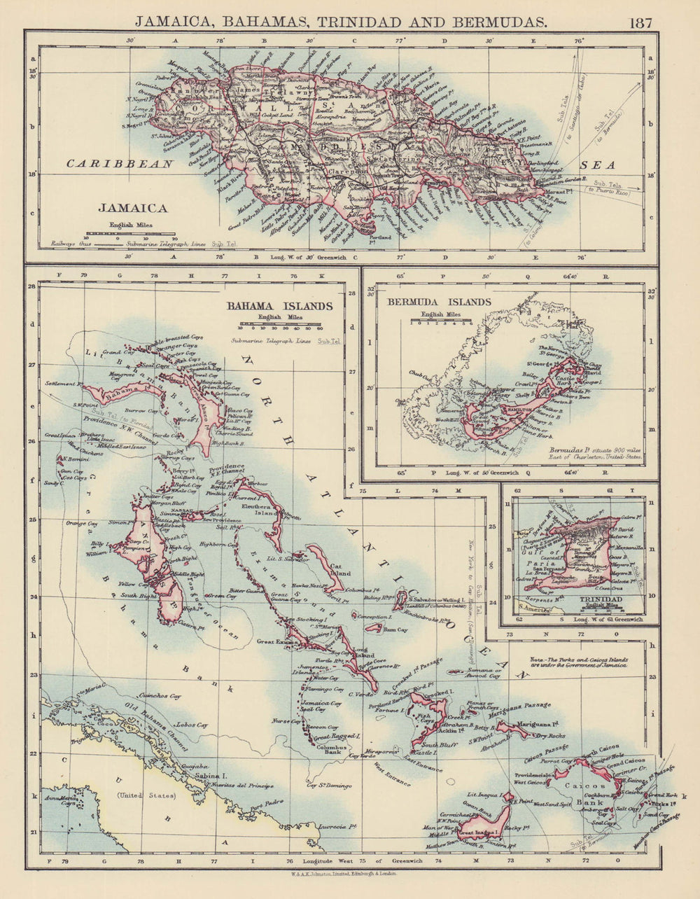 CARIBBEAN/ATLANTIC ISLANDS. Jamaica Bermuda Bahamas Trinidad. JOHNSTON 1901 map
