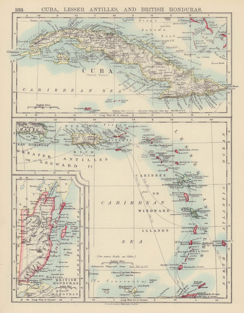 CARIBBEAN ISLANDS. Cuba British Honduras Caribbee/Windward. JOHNSTON 1901 map