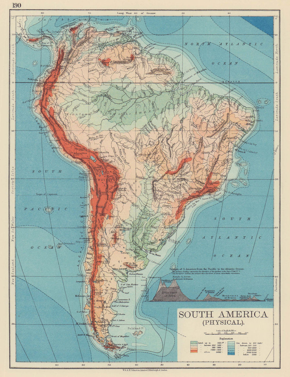 SOUTH AMERICA PHYSICAL. Inset West-East cross section. JOHNSTON 1901 old map