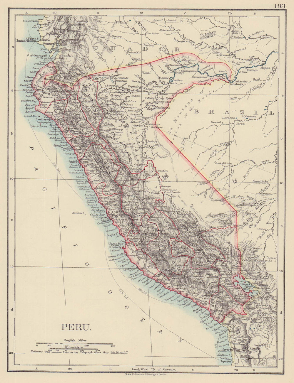 PERU. Border as before Peru-Ecuador war (1941) . JOHNSTON 1901 old antique map