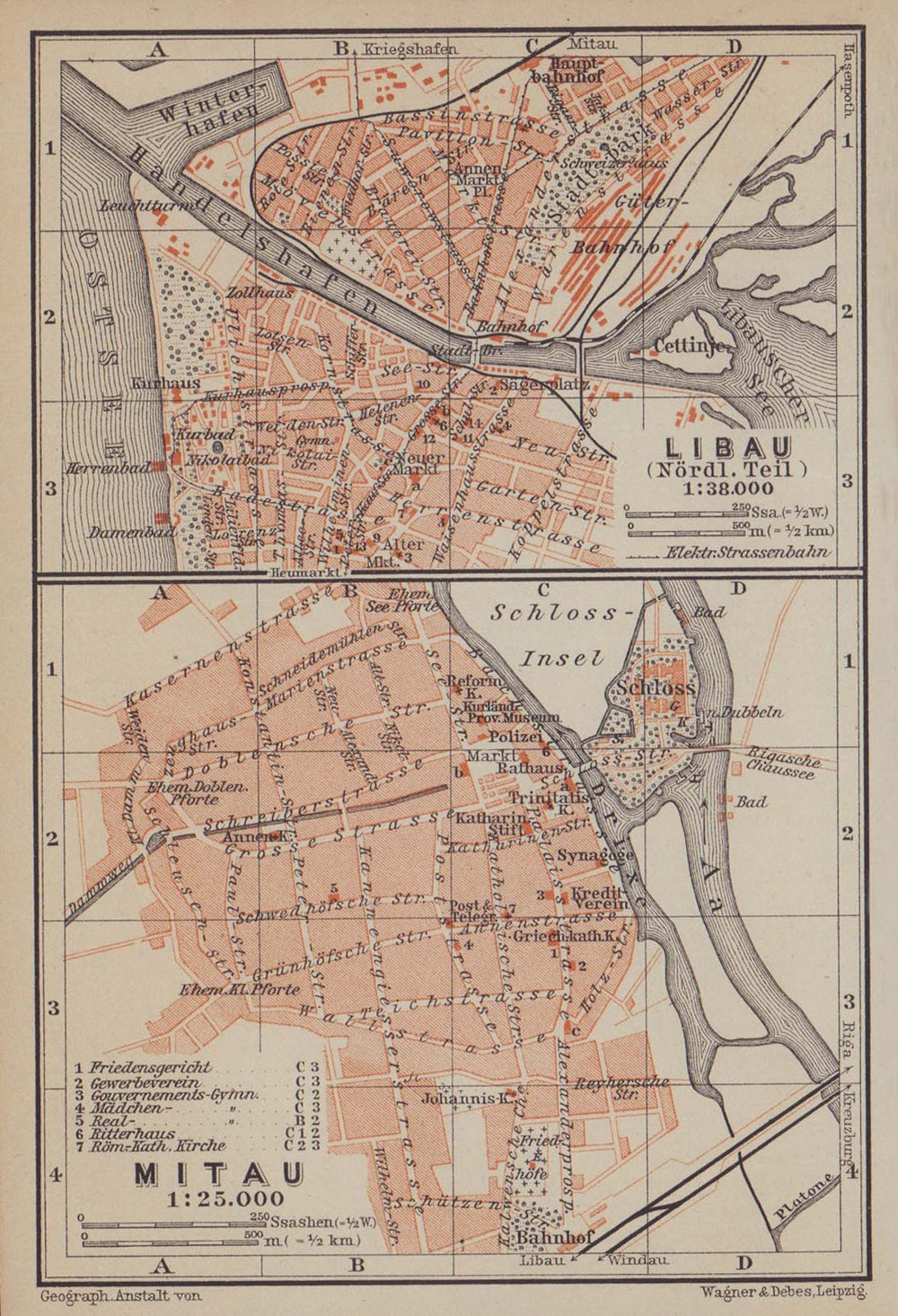 Liepaja (Northern part) / Jelgava town/city plan pilsetas karte. Latvia 1914 map