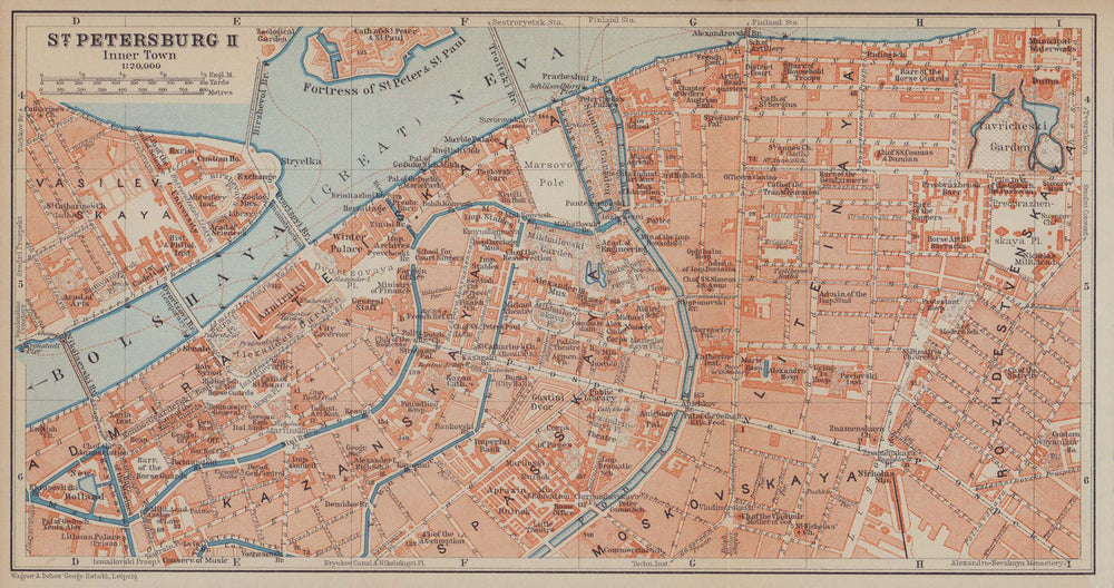St. Petersburg II city centre town/city plan. Russia. BAEDEKER 1914 old map
