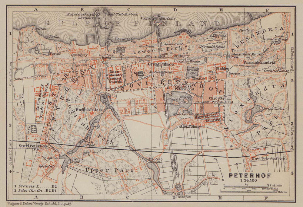 Peterhof Palace, Petergof, St Petersburg. Russia. BAEDEKER 1914 old map