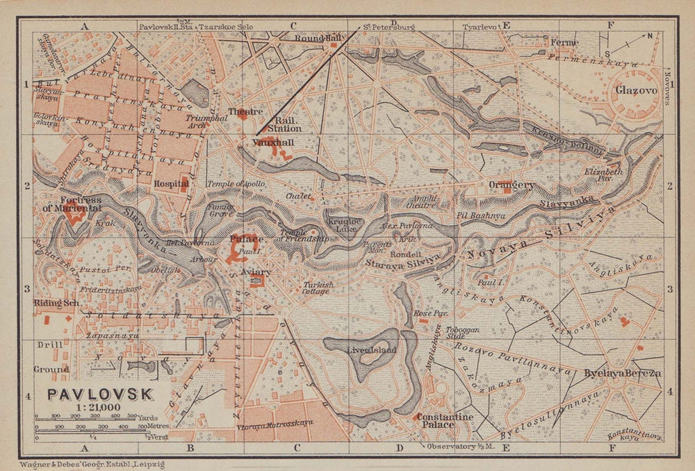 Pavlovsk, Pushkinsky District, St Petersburg. Russia. BAEDEKER 1914 old map