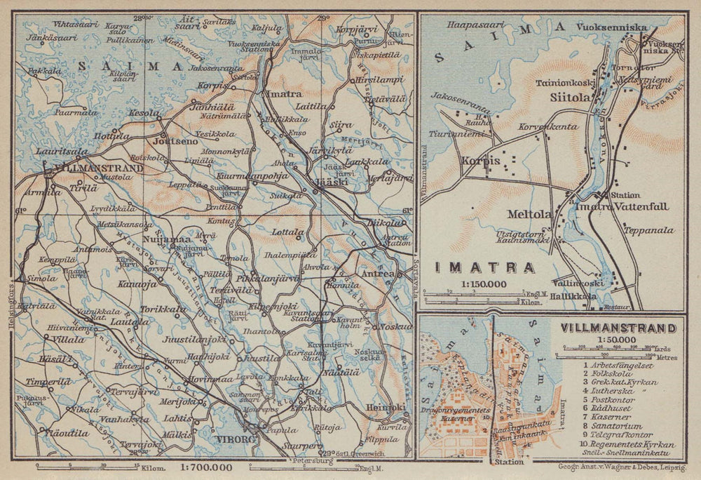 Imatra / Lappeenranta (Villmanstrand). Finland / Russia. BAEDEKER 1914 old map
