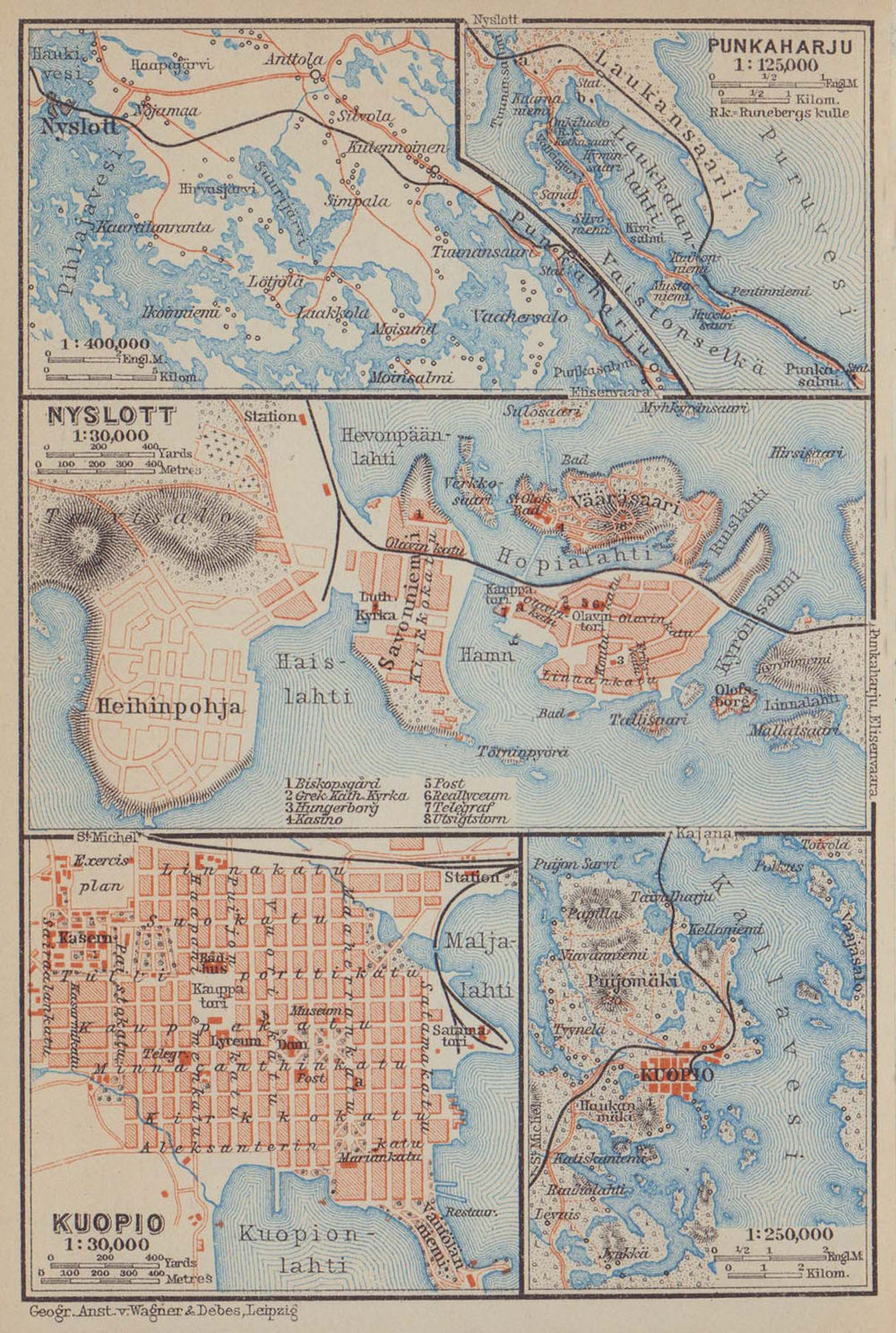 Punkaharju. Savonlinna (Nyslott). Kuopio town/city plan kartta. Finland 1914 map