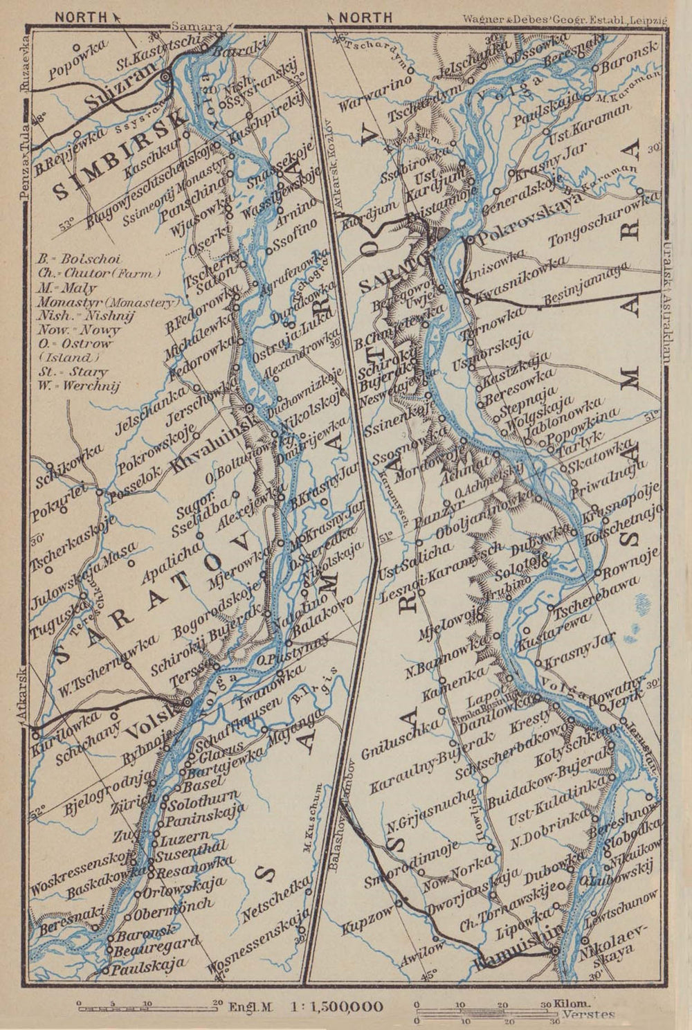 Volga River [Kamyshin - Saratov -Volsk - Syzran]. Russia. BAEDEKER 1914 map