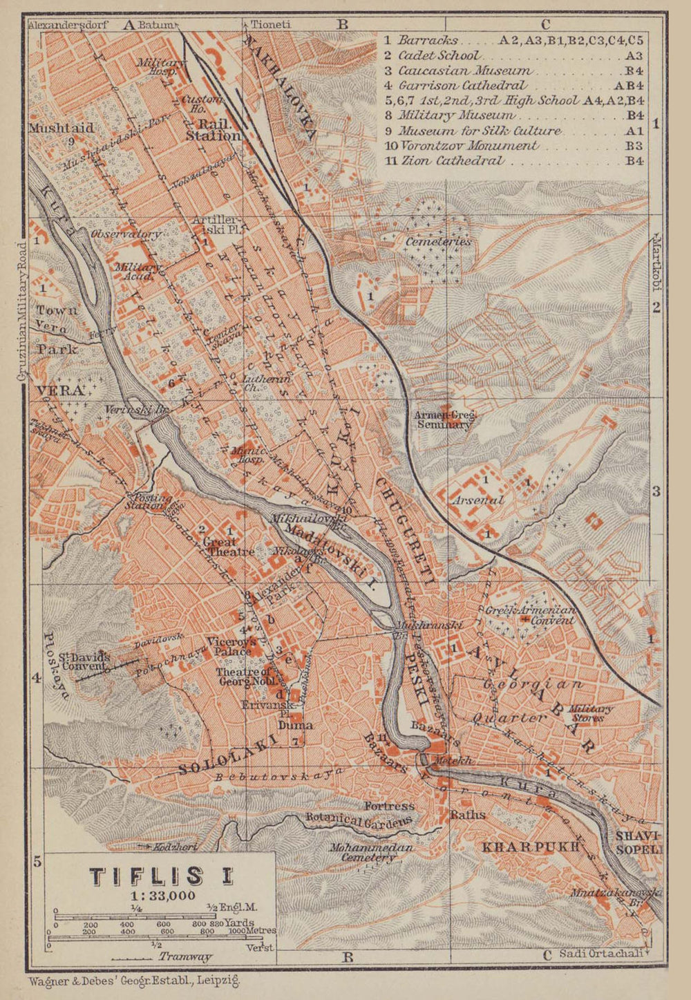 Tbilisi (Tiflis) I town/city plan. Georgia. BAEDEKER 1914 old antique map