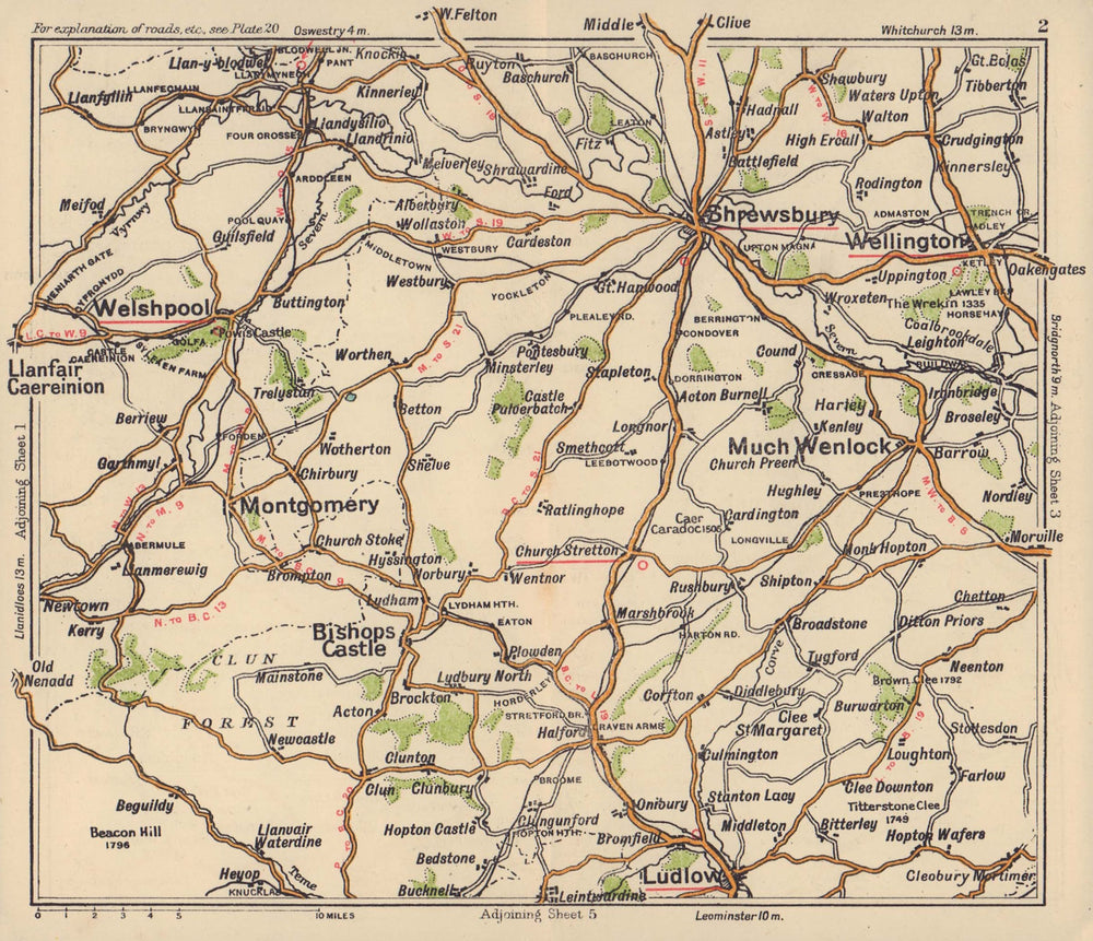 Shropshire Hills road map. Wenlock Ludlow Shrewsbury Welshpool. BACON c1920