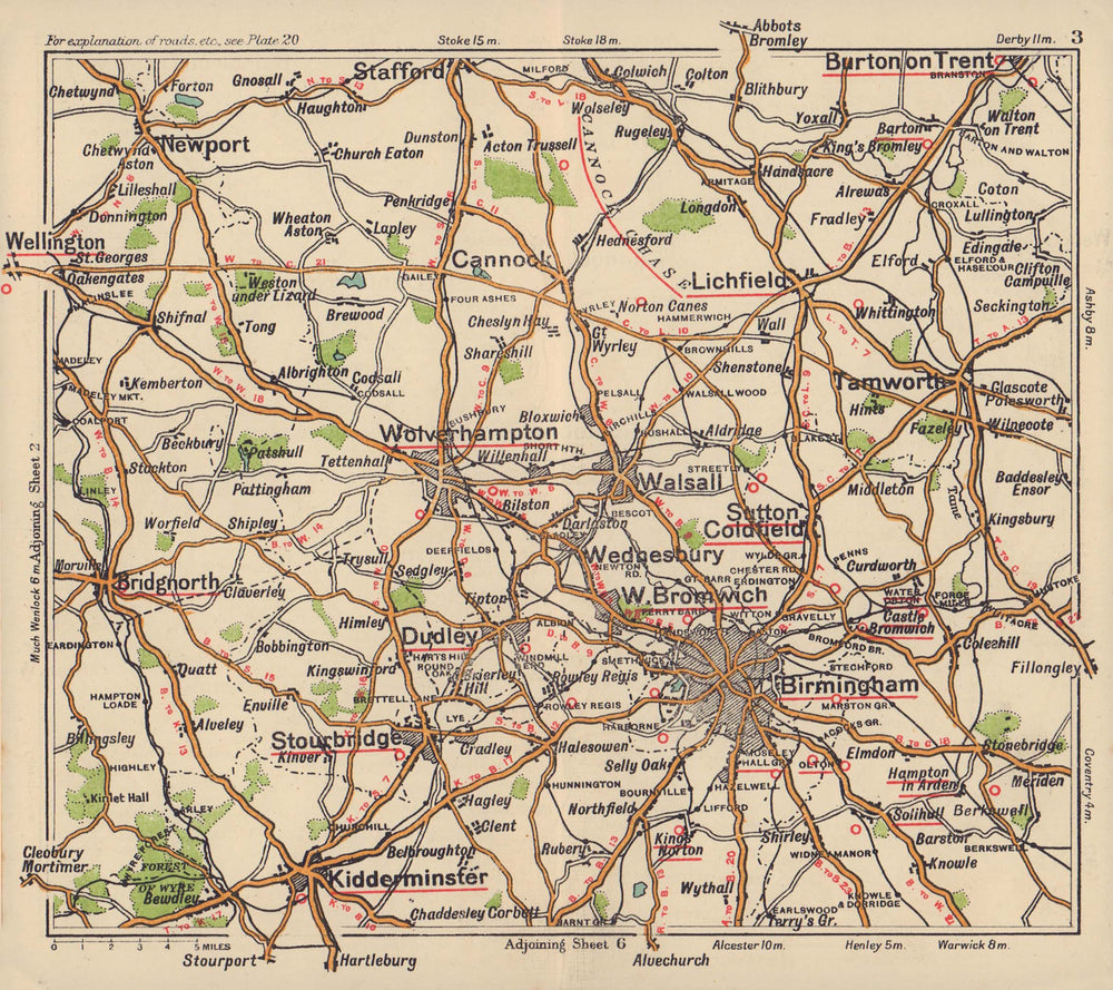 West Midlands road map. Birmingham Kidderminster Wolverhampton. BACON c1920