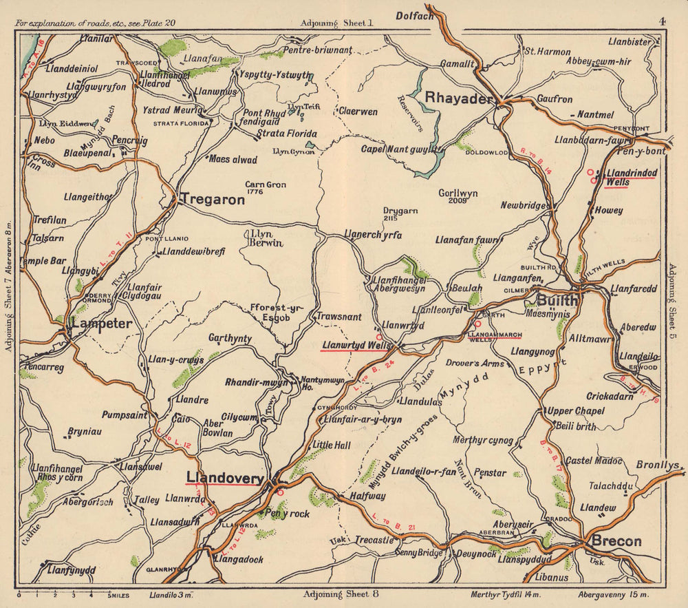 Mid Wales road map. Llandovery Rhayader Brecon Builth. BACON c1920 old