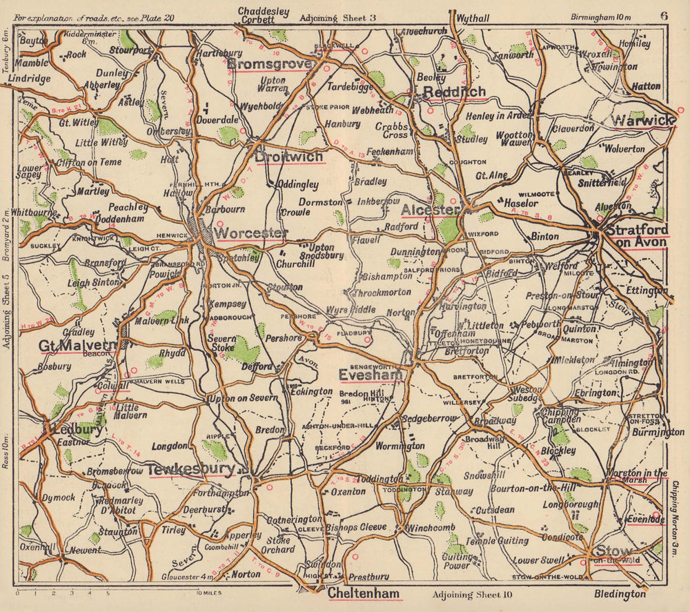 Worcestershire road map. Cheltenham Malvern Stratford Evesham. BACON c1920