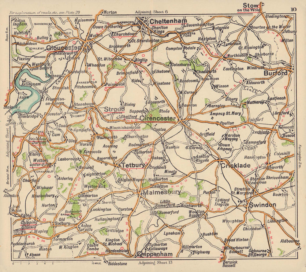 Cotswolds road map. Cirencester Gloucester Cheltenham Burford. BACON c1920