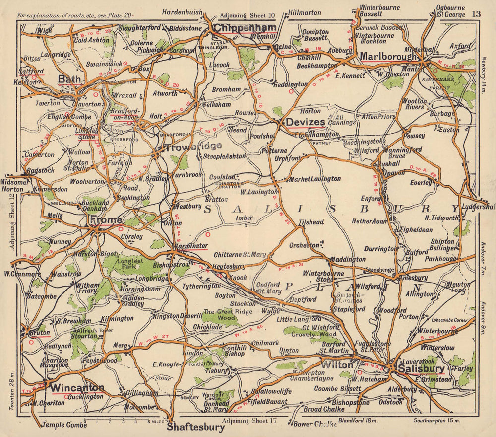 Salisbury plain road map. Chippenham Marlborough Devizes Bath. BACON c1920