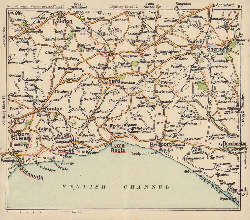 Jurassic Coast road map. Bridport Lyme Regis Sidmouth Taunton. BACON c1920