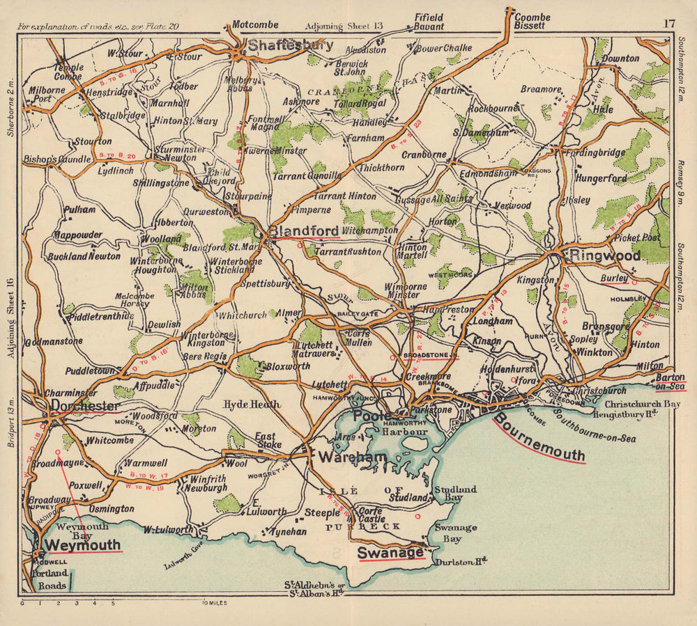 Dorset coast road map. Poole Weymouth Bournemouth Swanage. BACON c1920 old