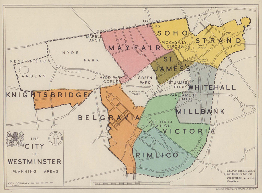 City of Westminster planning Areas. RAWLINSON 1946 old vintage map chart