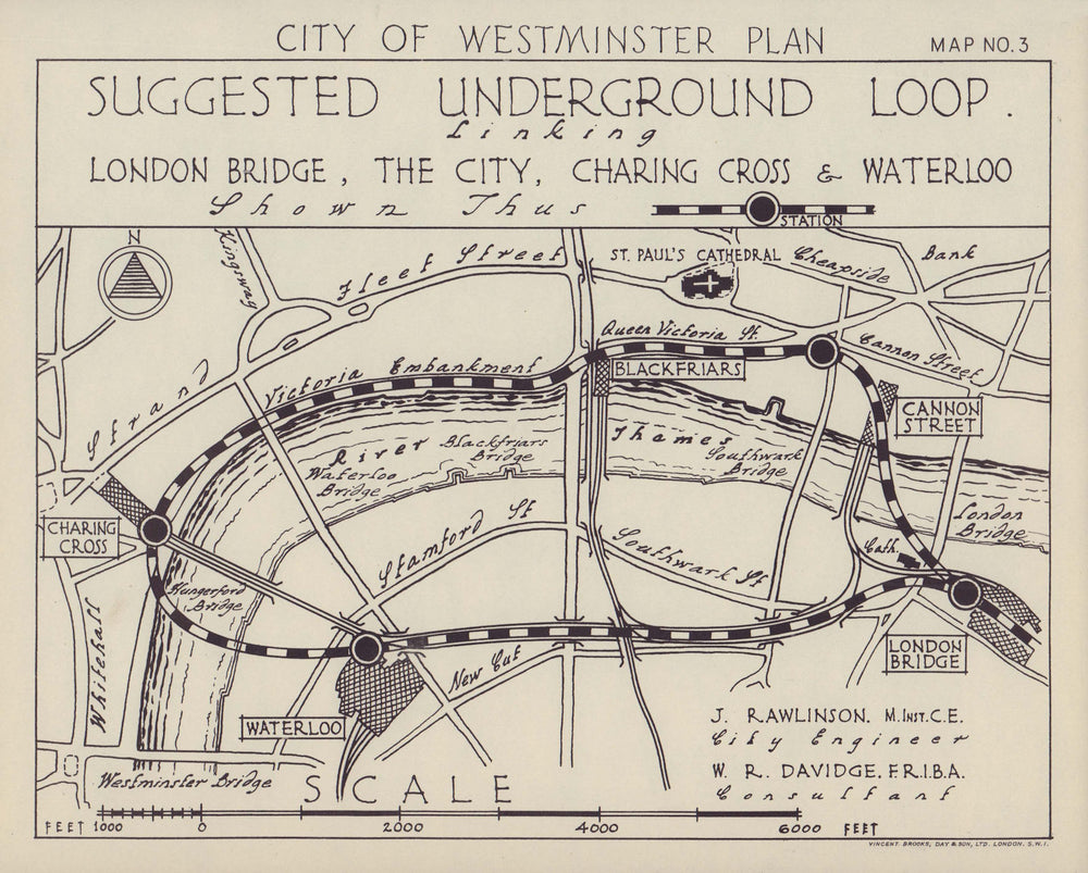 Proposed London Underground tube loop City Charing X Waterloo RAWLINSON 1946 map
