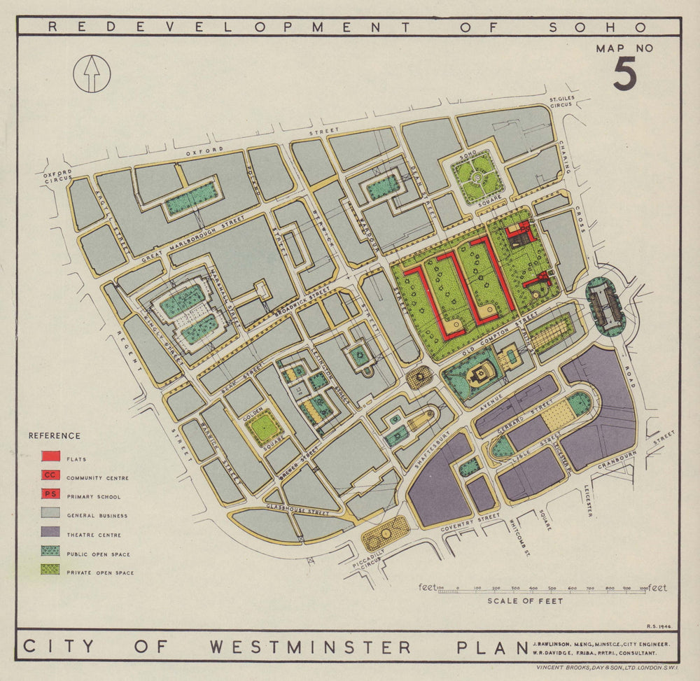 Redevelopment of Soho. City of Westminster plan. RAWLINSON 1946 old map