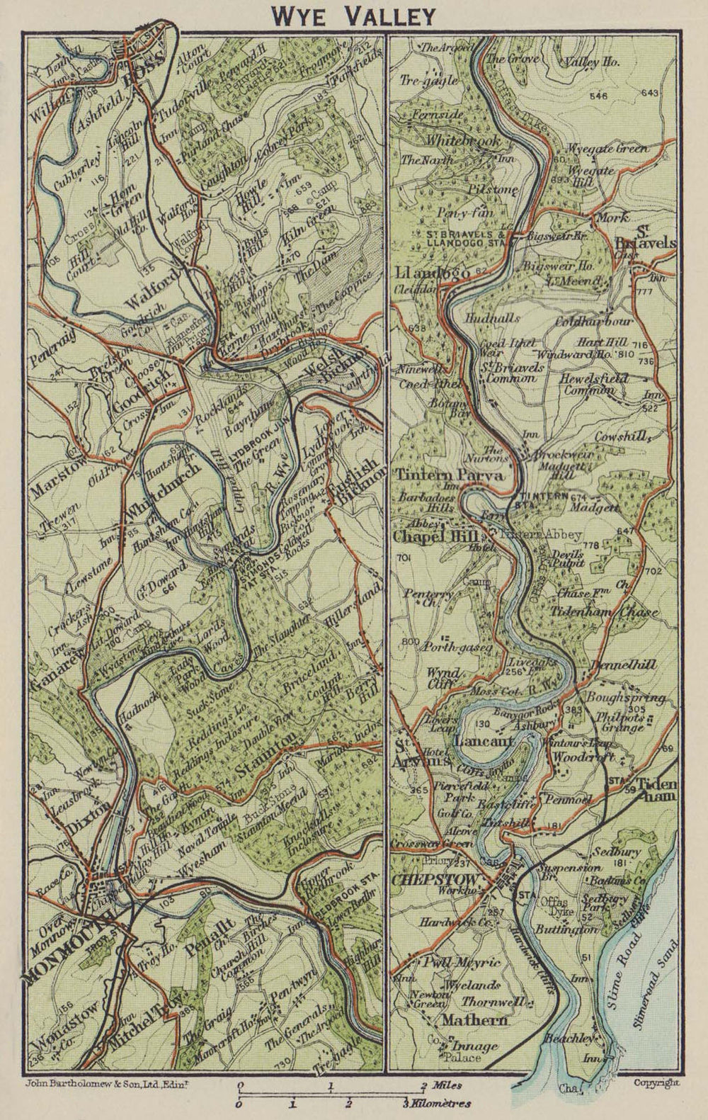 Wye Valley. Ross Monmouth Chepstow Tintern. Wales 1920 old antique map chart