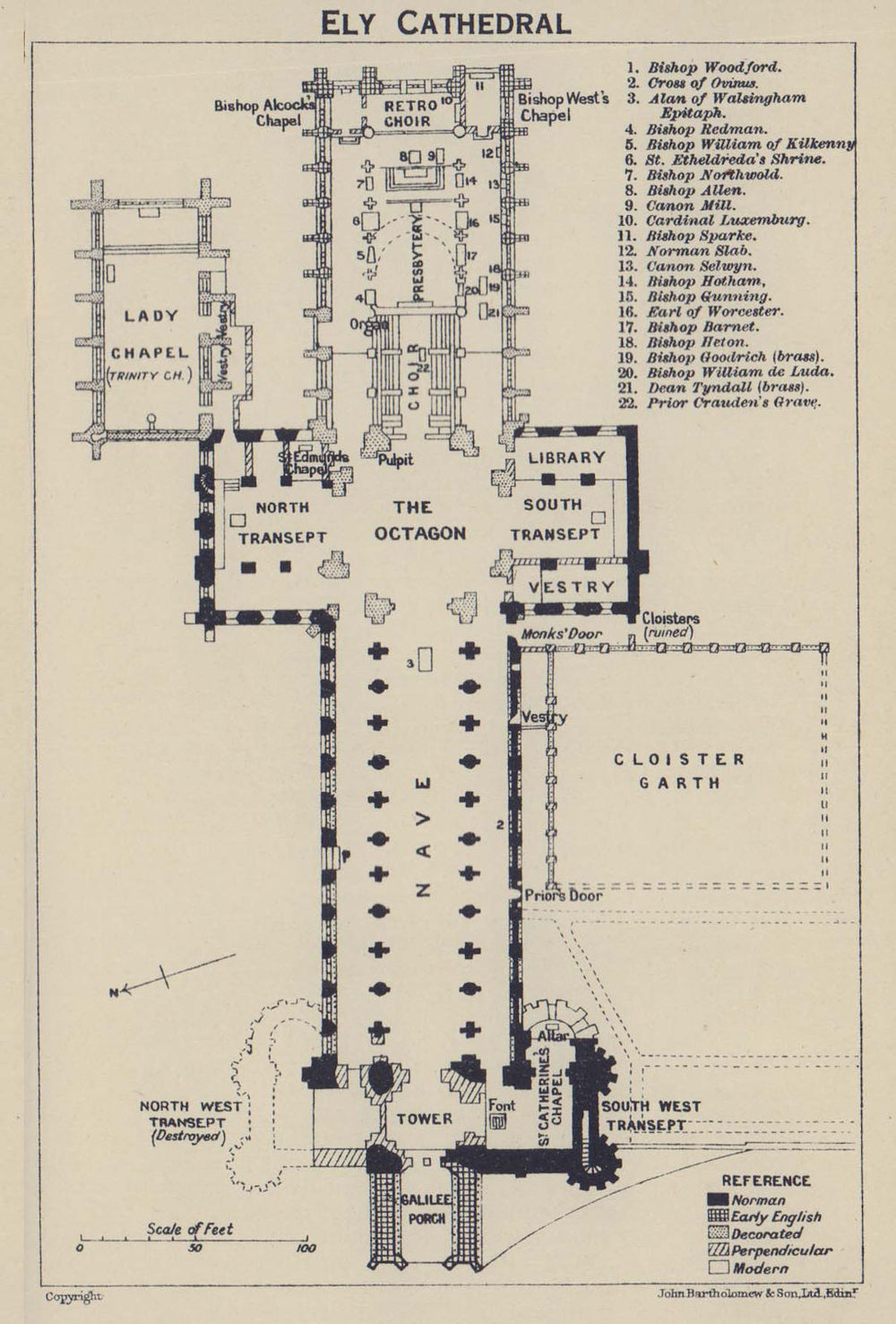 Ely Cathedral ground floor plan. Cambridgeshire 1920 old antique map chart