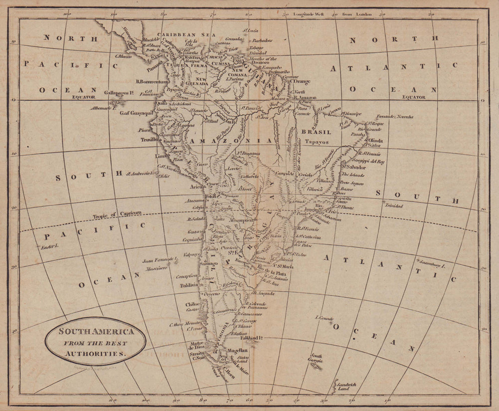 South America from the best authorities by Richard Brookes 1812 old map