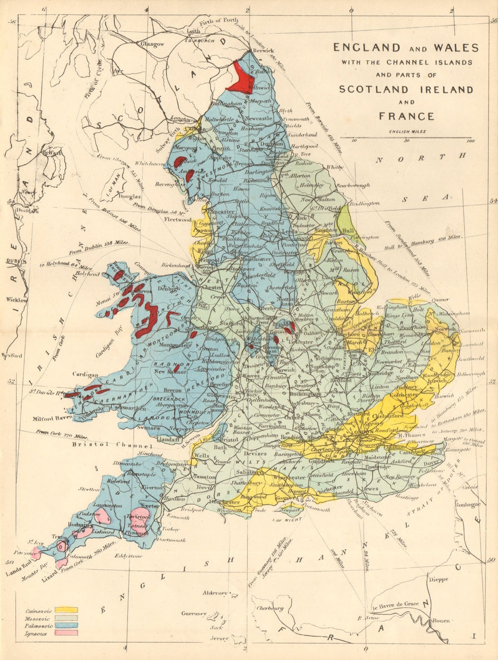 ENGLAND & WALES antique geological map by James Reynolds 1864