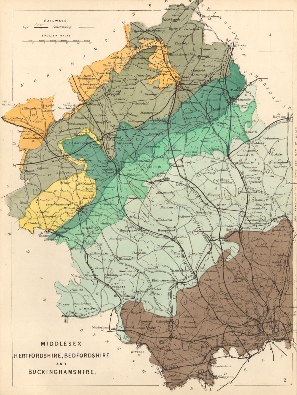 MIDDX HERTFORDSHIRE BEDFORDSHIRE BUCKINGHAMSHIRE geological map. REYNOLDS 1864