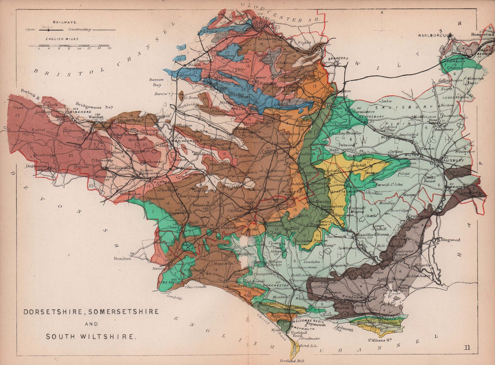 DORSET, SOMERSET & SOUTH WILTSHIRE antique geological county map. REYNOLDS 1864