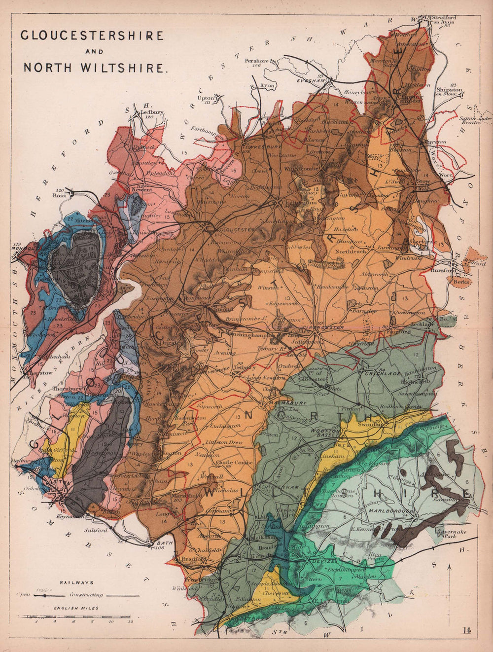 GLOUCESTERSHIRE & NORTH WILTSHIRE antique geological county map. REYNOLDS 1864