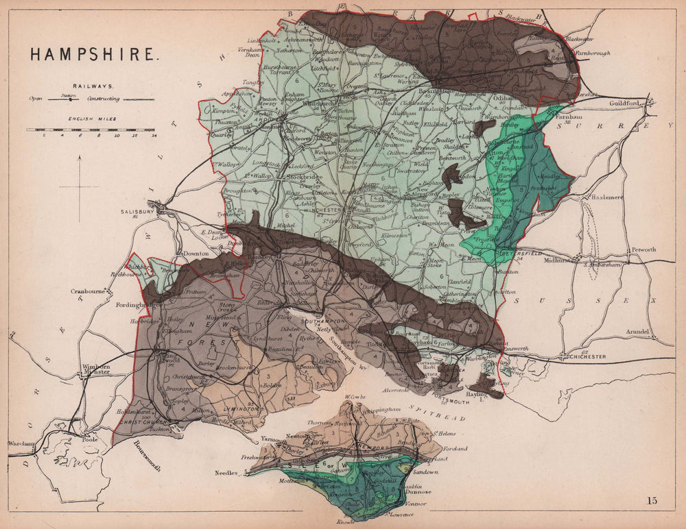 HAMPSHIRE antique geological county map by James Reynolds 1864