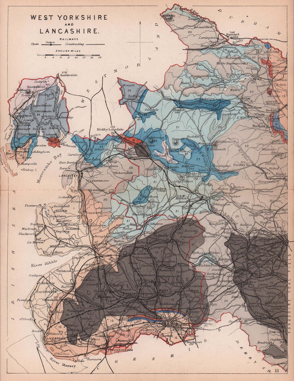 WEST YORKSHIRE & LANCASHIRE antique geological county map by James Reynolds 1864