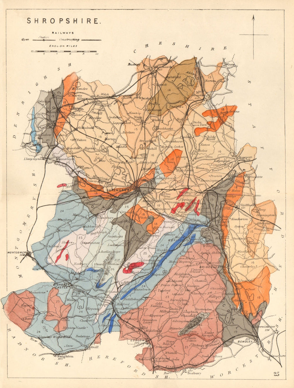 SHROPSHIRE antique geological county map by James Reynolds 1864